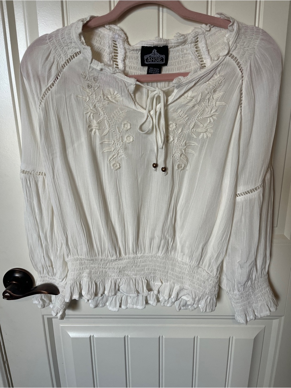Angie White Embroidered Boho Peasant Top